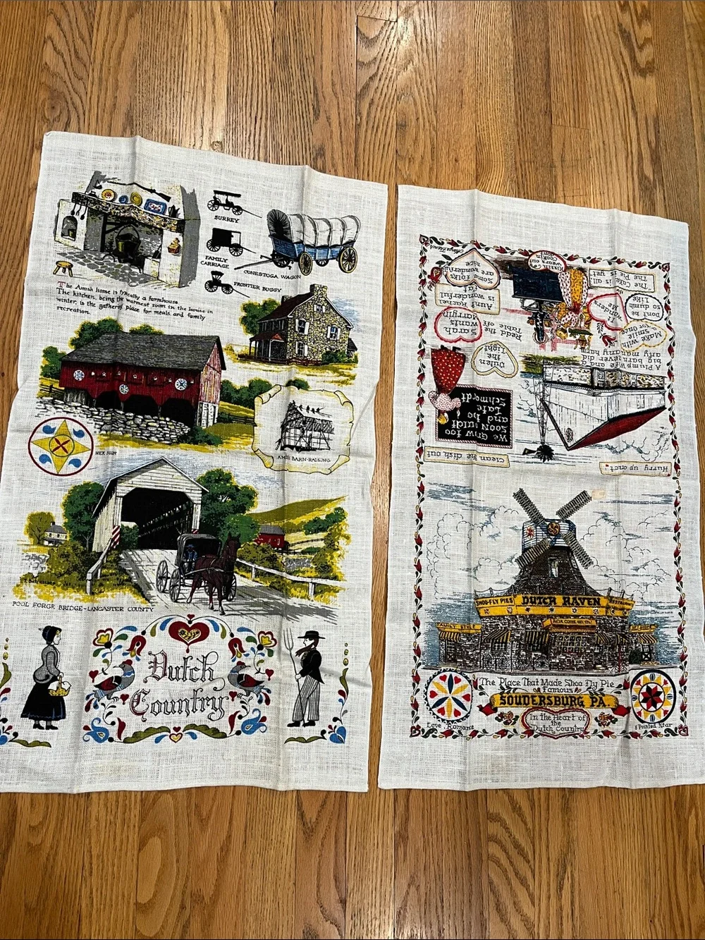 2 Vtg DUTCH Theme Linen Kitchen Towels Raven Soudersburg,PA Dutch Country